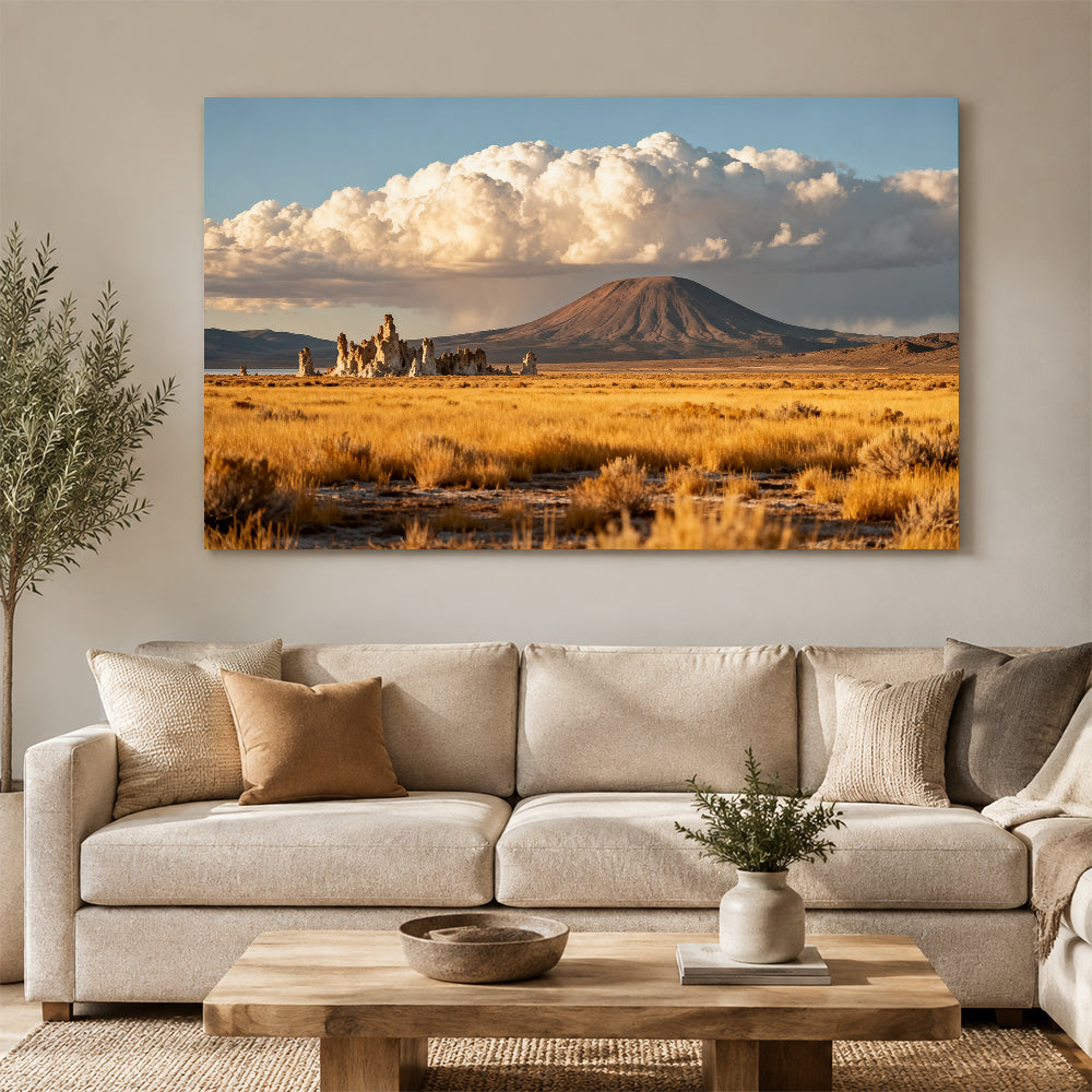 Prairie Butte beneath Clouds canvas wall art, living room mockup.