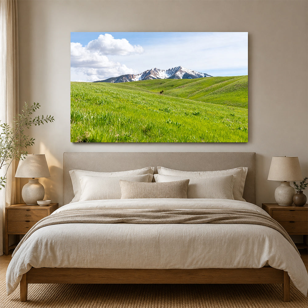 Green Meadow Ridges canvas wall art, bedroom mockup.