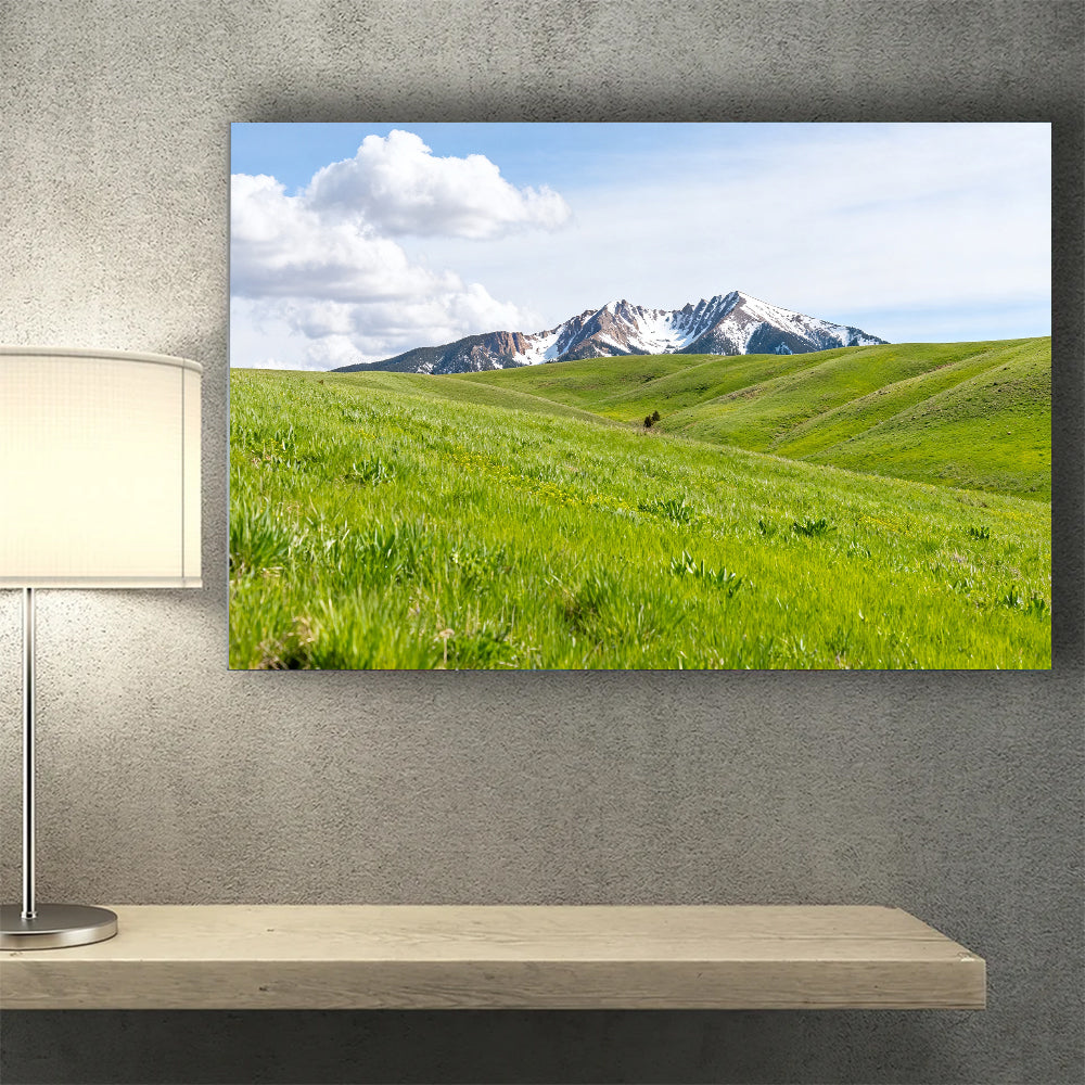 Green Meadow Ridges canvas wall art, desk mockup.