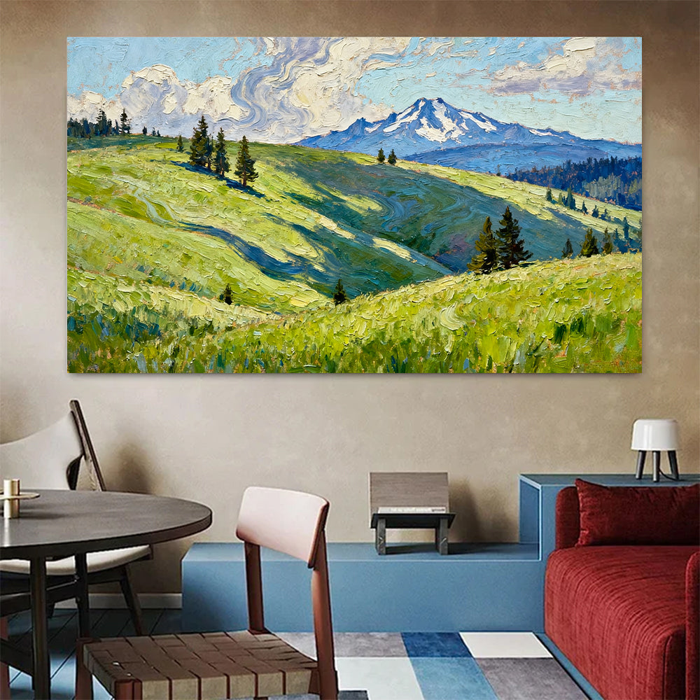 Sunlit Hills and Open Sky canvas wall art, living dining room mockup.