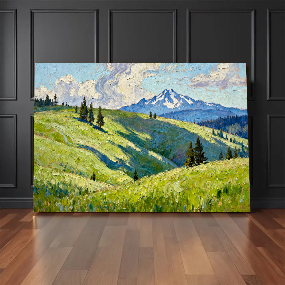 Sunlit Hills and Open Sky canvas wall art, floor display mockup.
