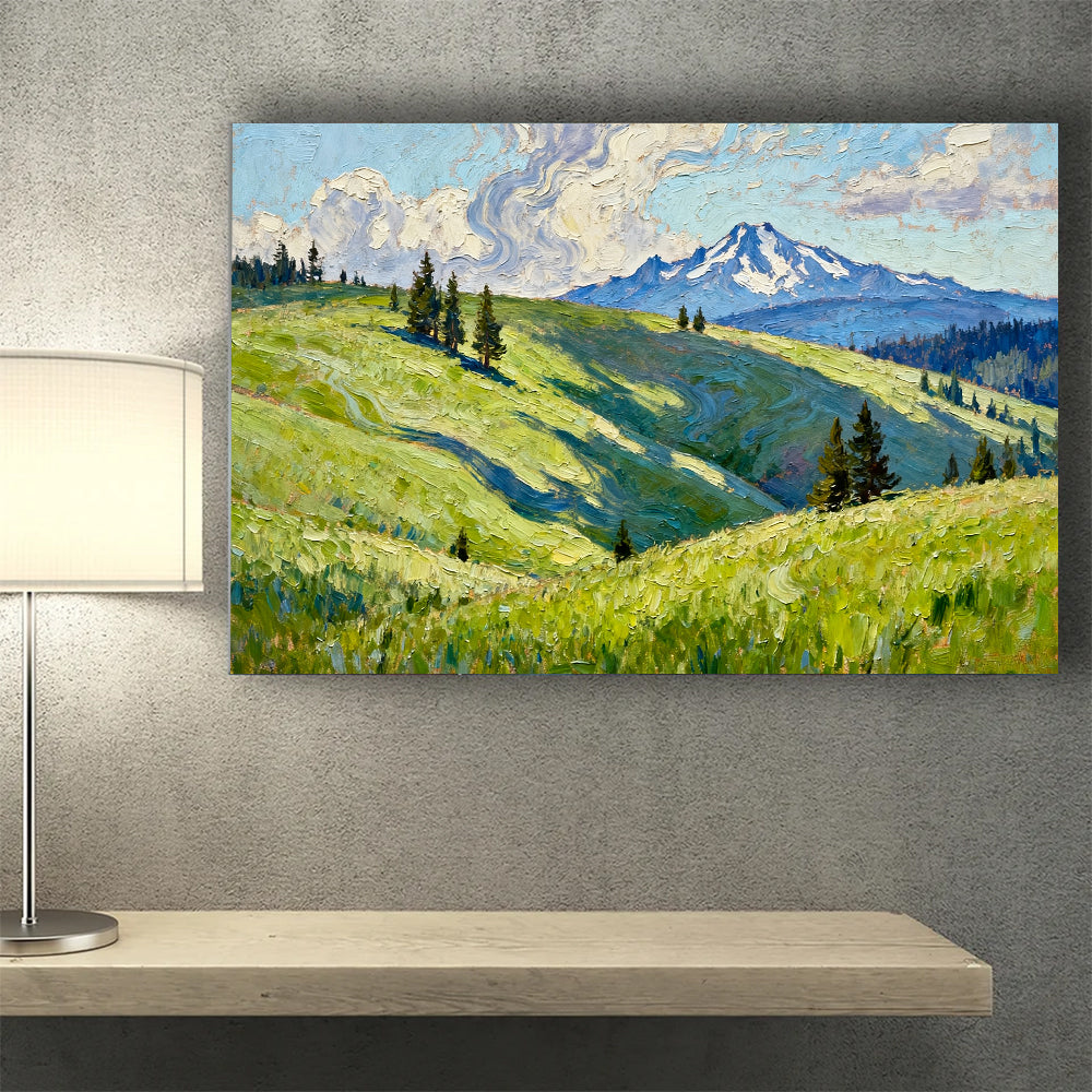 Sunlit Hills and Open Sky canvas wall art, desk mockup.