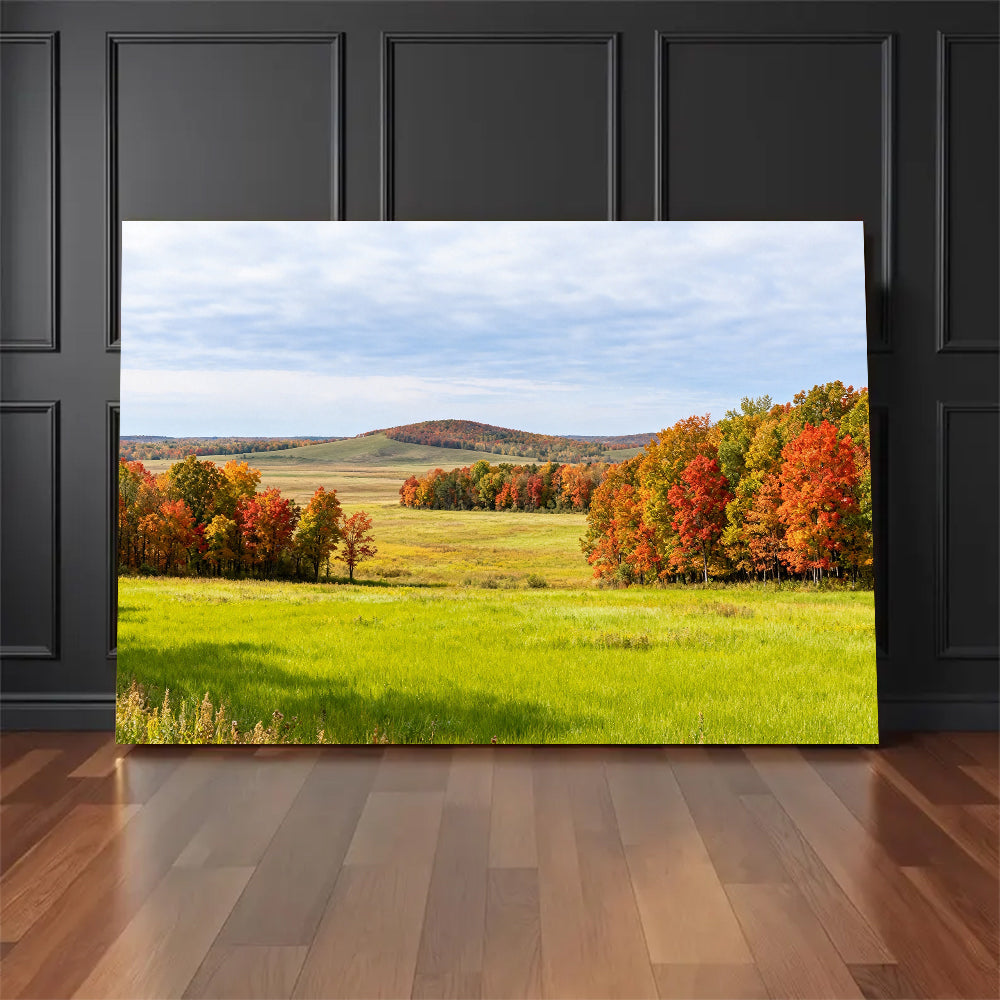 Autumn Trees across Green Fields canvas wall art, floor display mockup.
