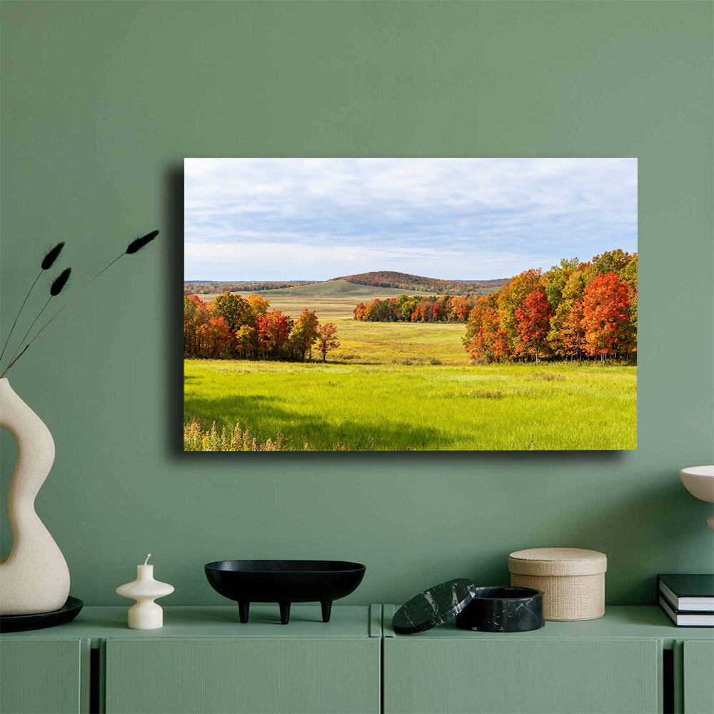 Autumn Trees across Green Fields canvas wall art, green wall mockup.