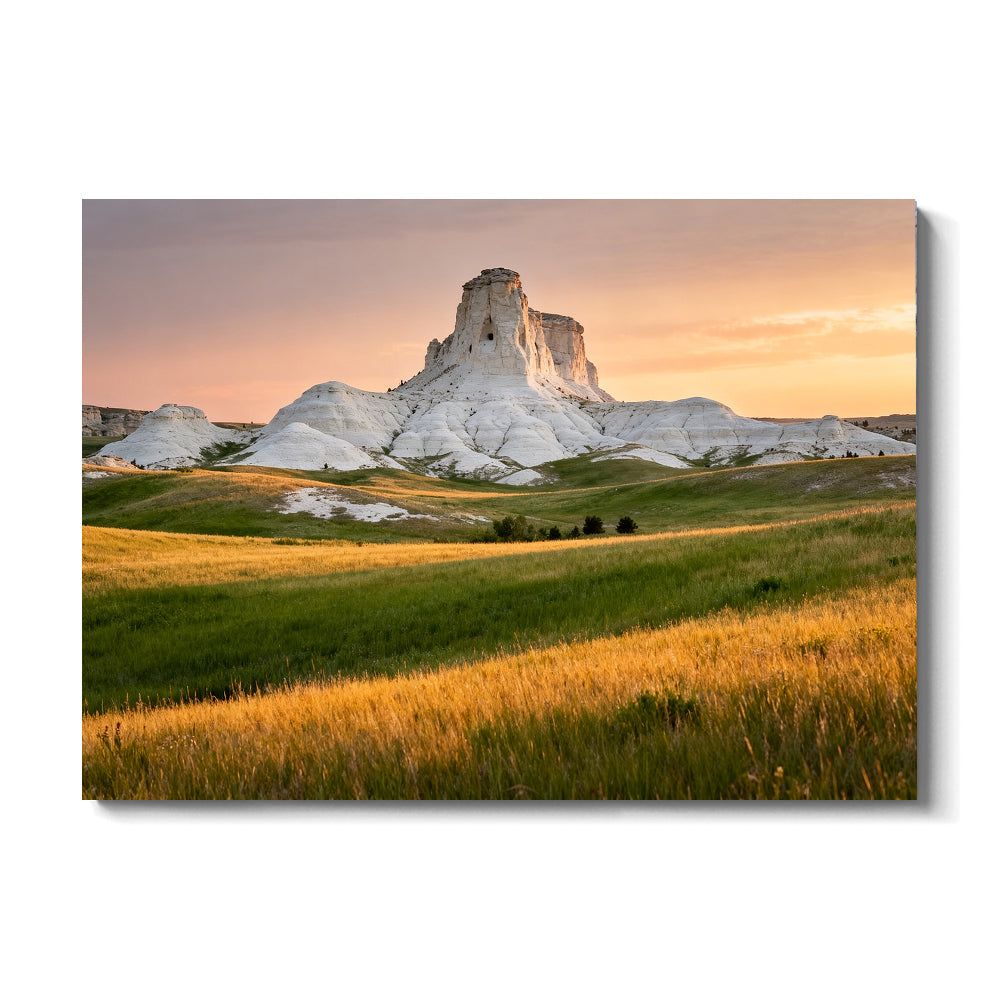Pale Butte beyond the Meadow canvas wall art, front view on a white background.