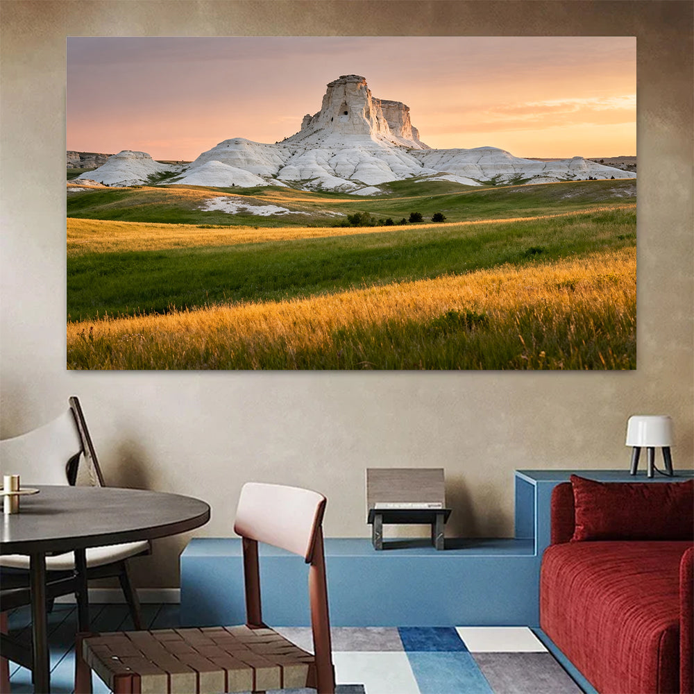 Pale Butte beyond the Meadow canvas wall art, living dining room mockup.