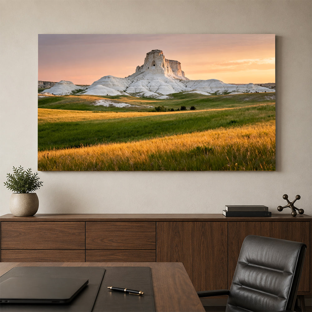 Pale Butte beyond the Meadow canvas wall art, office mockup.