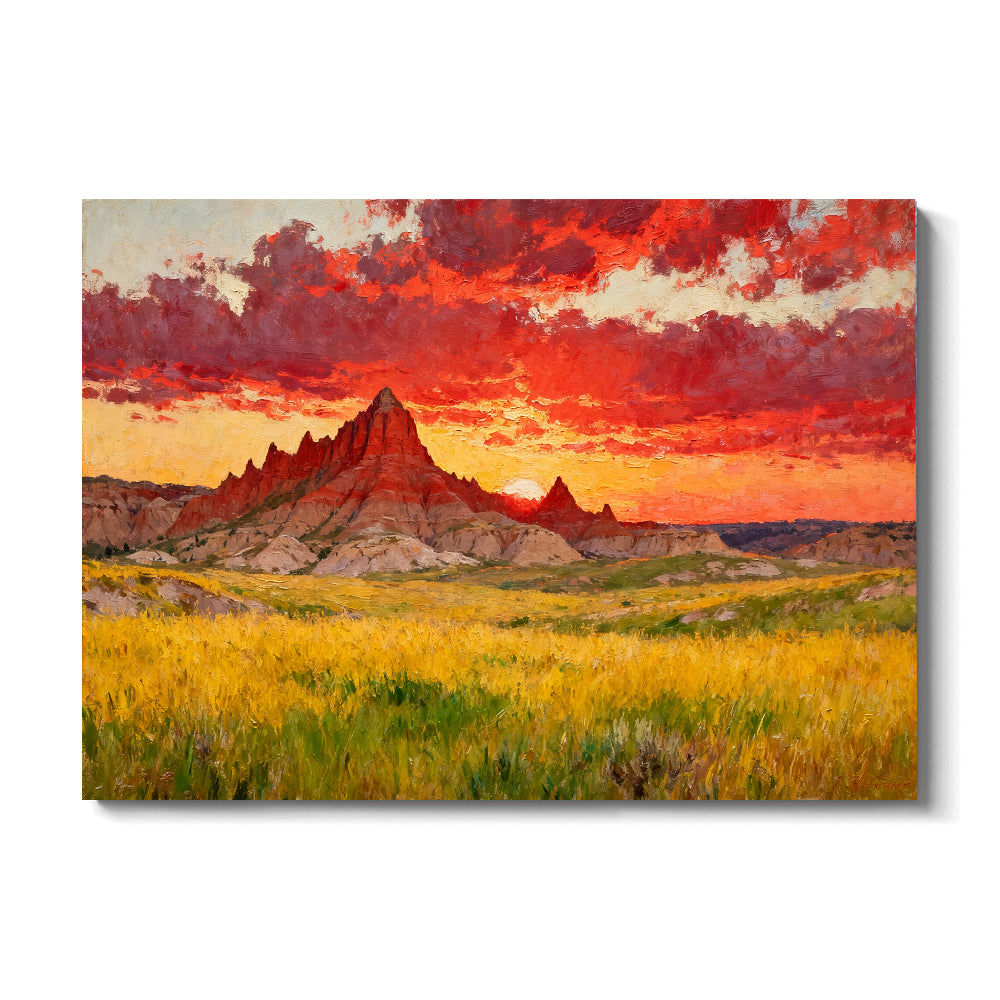 Crimson Sunset across the Prairie canvas wall art, front view on a white background.