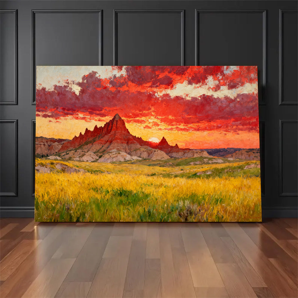 Crimson Sunset across the Prairie canvas wall art, floor display mockup.