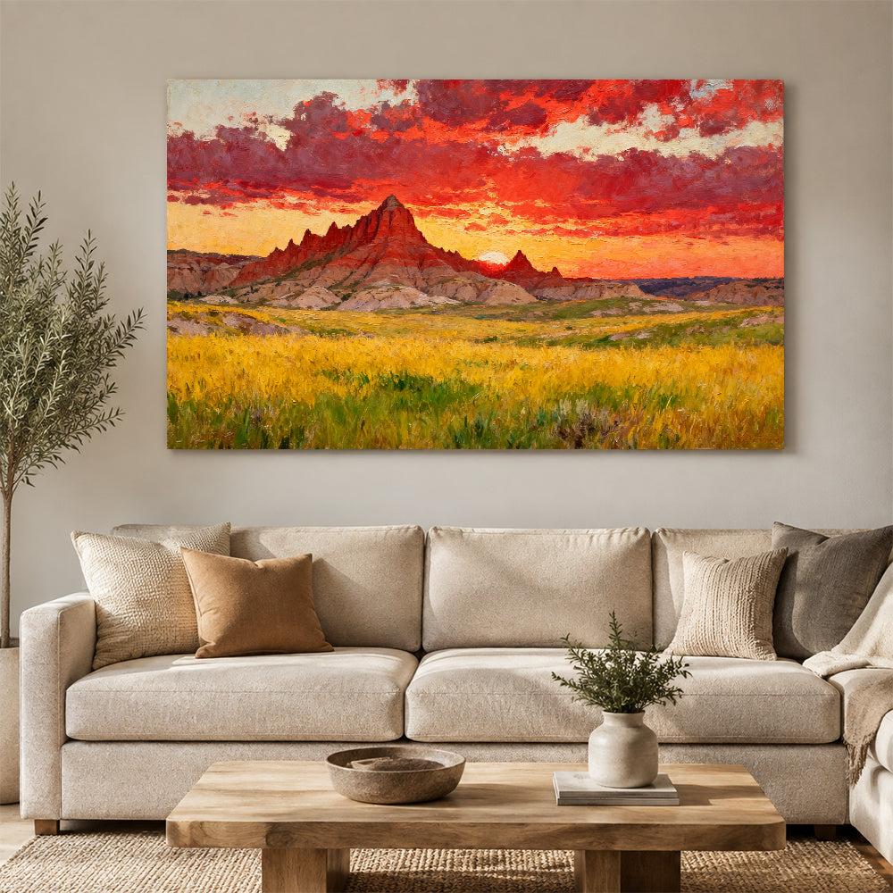 Crimson Sunset across the Prairie canvas wall art, living room mockup.