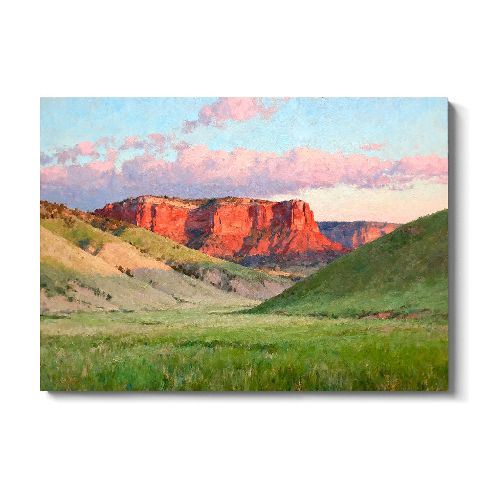 Green Plains below Red Cliffs canvas wall art, front view on a white background.