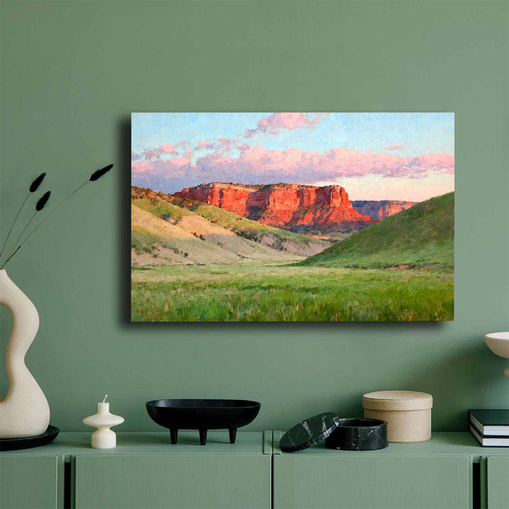 Green Plains below Red Cliffs canvas wall art, green wall mockup.