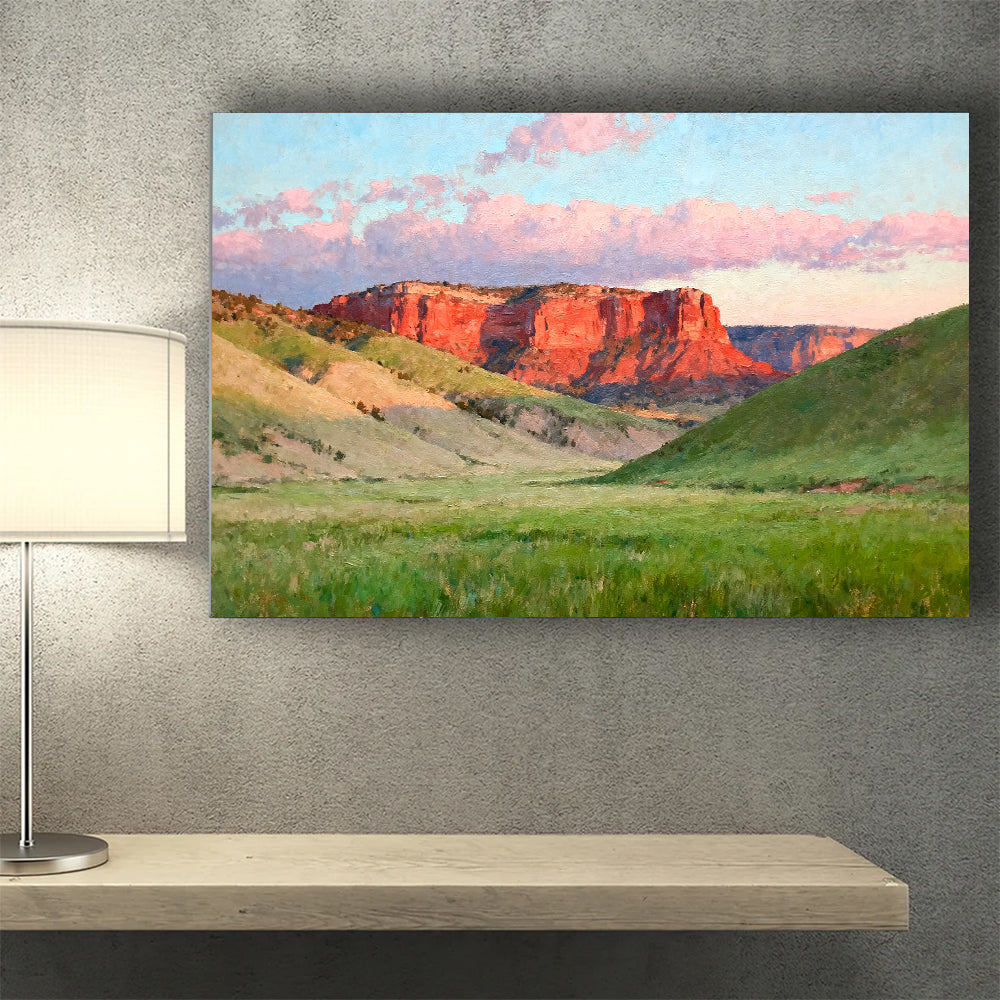 Green Plains below Red Cliffs canvas wall art, desk mockup.