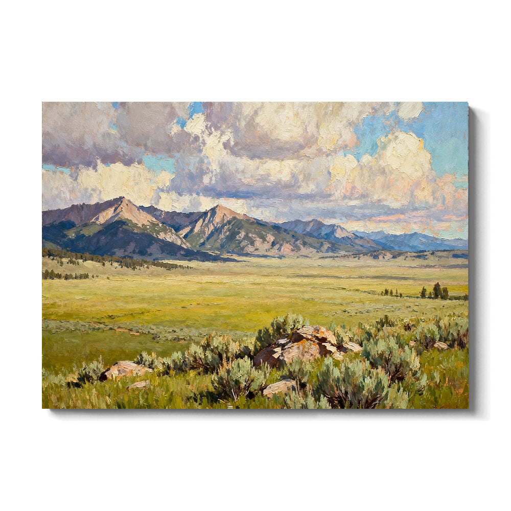 Open Meadow and Distant Mountains canvas wall art, front view on a white background.