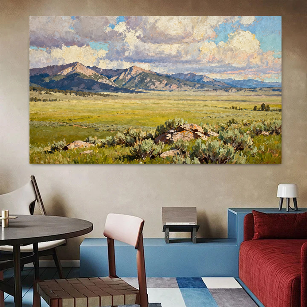 Open Meadow and Distant Mountains canvas wall art, living dining room mockup.