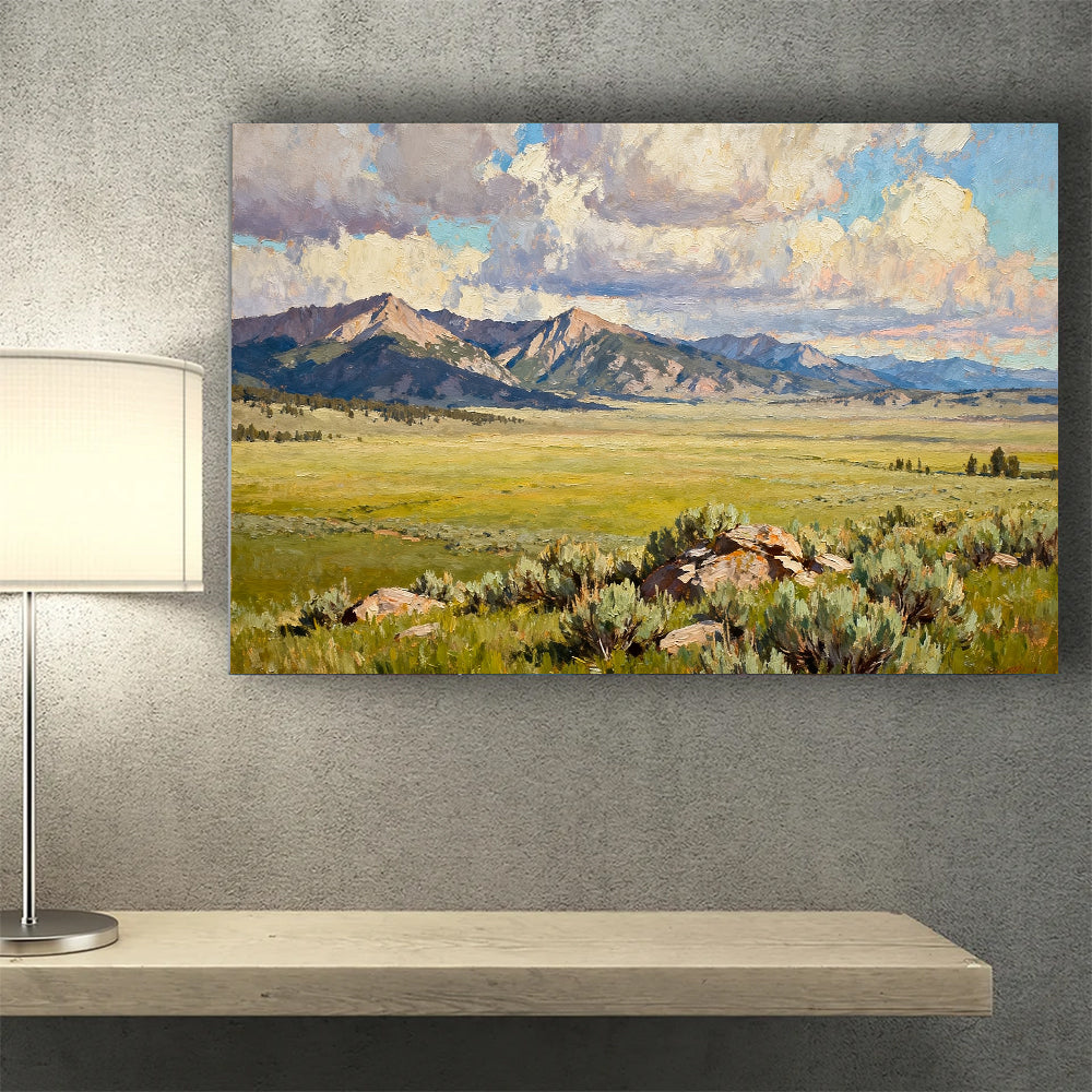 Open Meadow and Distant Mountains canvas wall art, desk mockup.