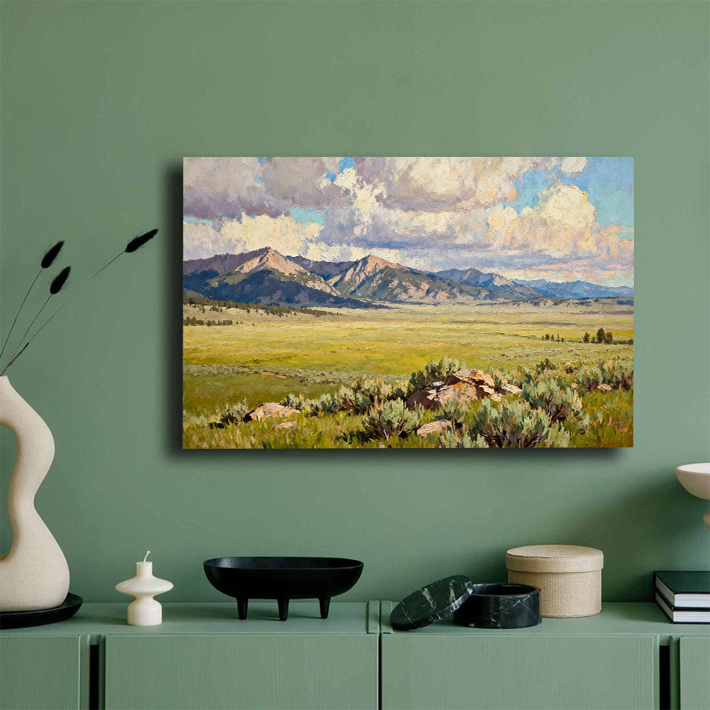 Open Meadow and Distant Mountains canvas wall art, green wall mockup.