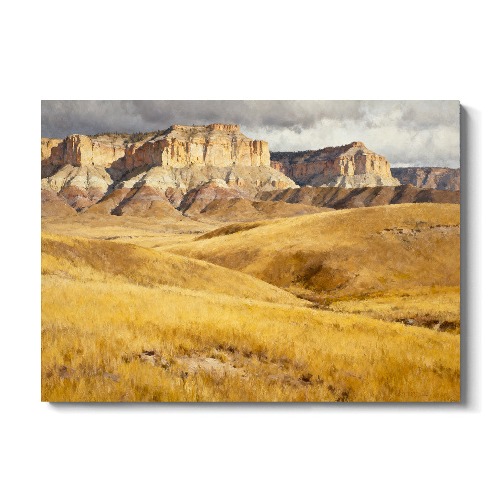Golden Hills below Sandstone Cliffs canvas wall art, front view on a white background.