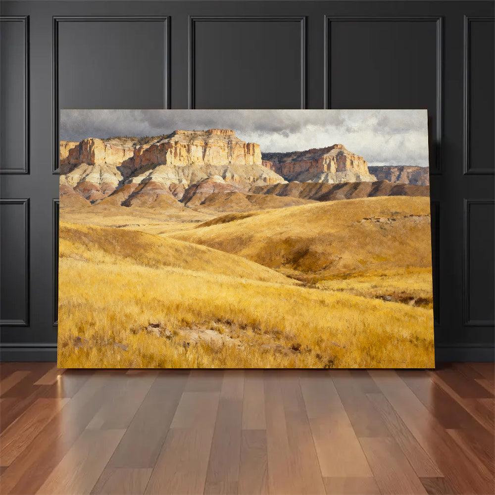 Golden Hills below Sandstone Cliffs canvas wall art, floor display mockup.