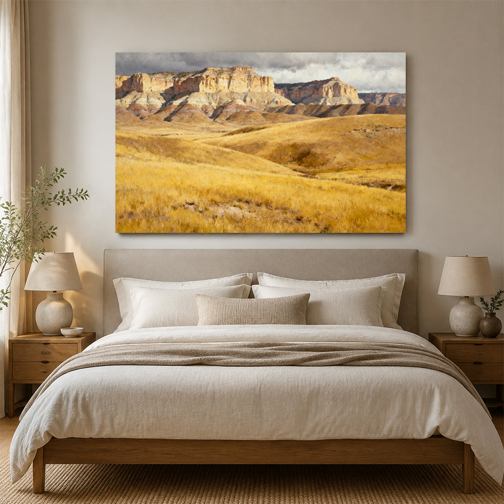 Golden Hills below Sandstone Cliffs canvas wall art, bedroom mockup.
