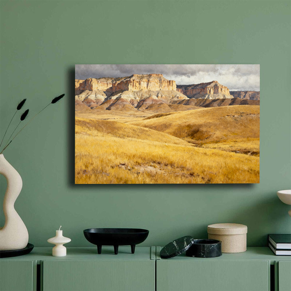 Golden Hills below Sandstone Cliffs canvas wall art, green wall mockup.