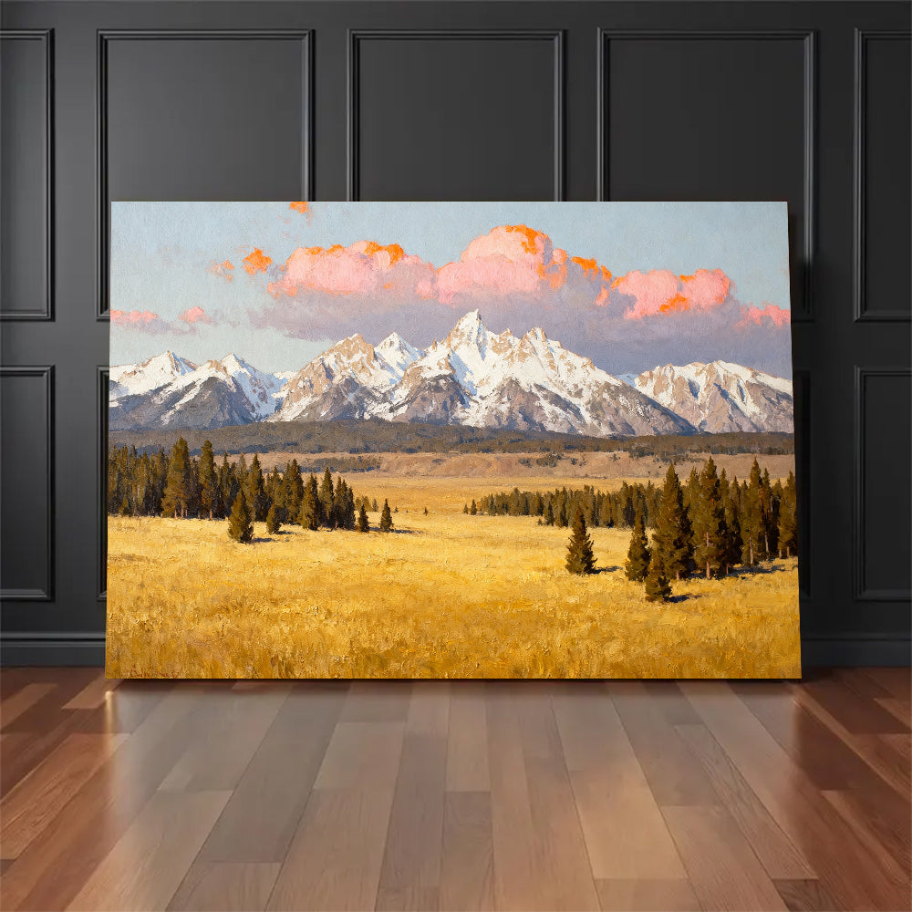 Snowy Peaks beyond Golden Fields canvas wall art, floor display mockup.