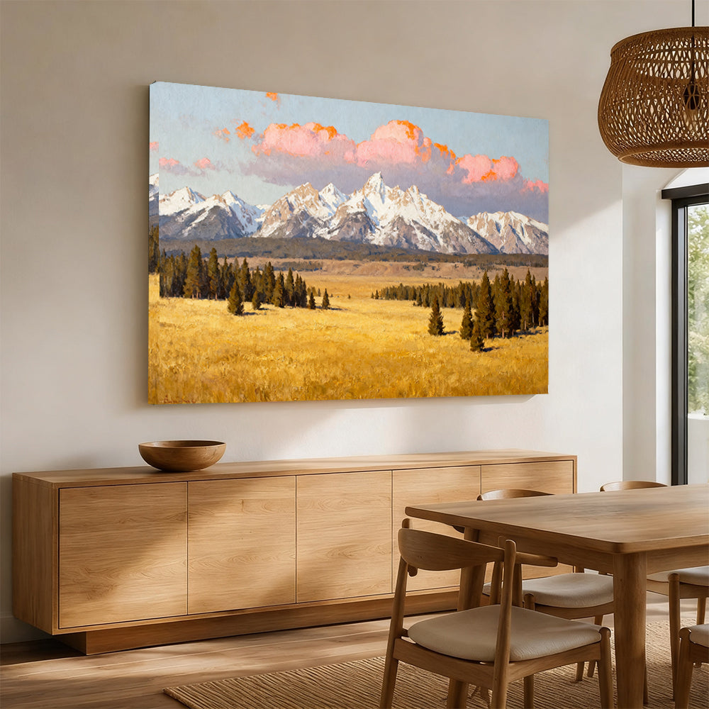 Snowy Peaks beyond Golden Fields canvas wall art, dining room mockup.