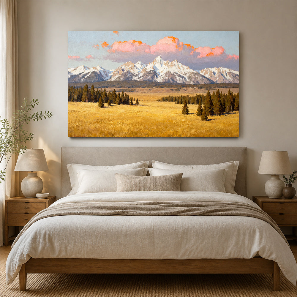 Snowy Peaks beyond Golden Fields canvas wall art, bedroom mockup.