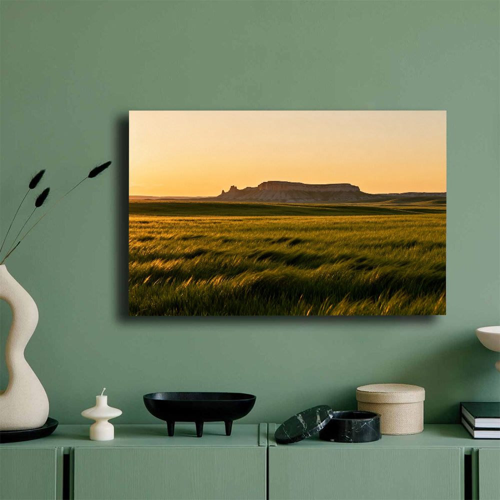 Last Light over Prairie Grass canvas wall art, green wall mockup.