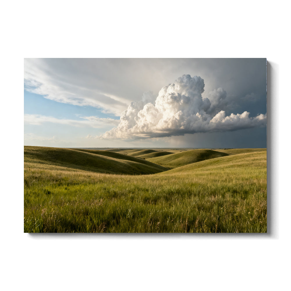 Rolling Grassland beneath Clouds canvas wall art, front view on a white background.