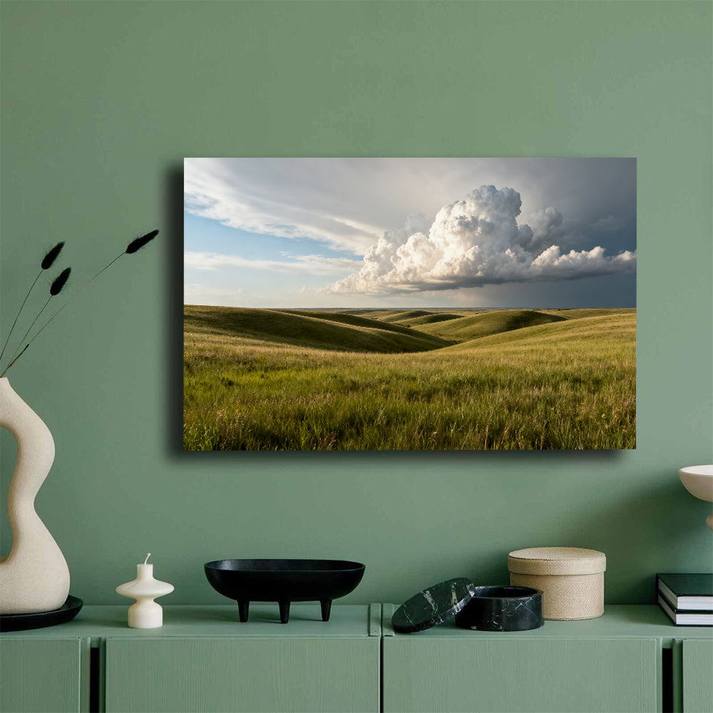 Rolling Grassland beneath Clouds canvas wall art, green wall mockup.