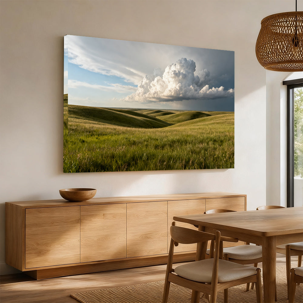 Rolling Grassland beneath Clouds canvas wall art, dining room mockup.