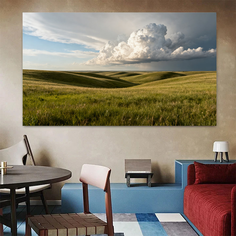 Rolling Grassland beneath Clouds canvas wall art, living dining room mockup.