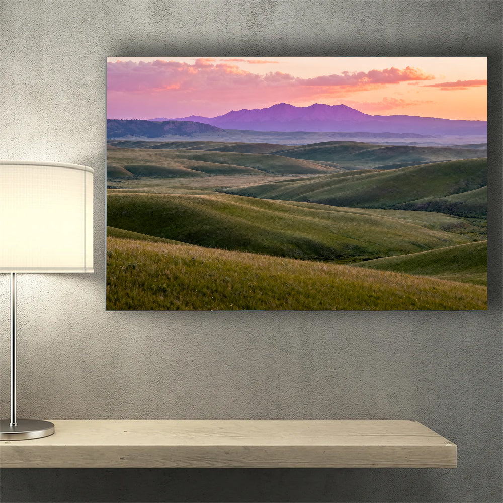 Lavender Dusk across Rolling Hills canvas wall art, desk mockup.