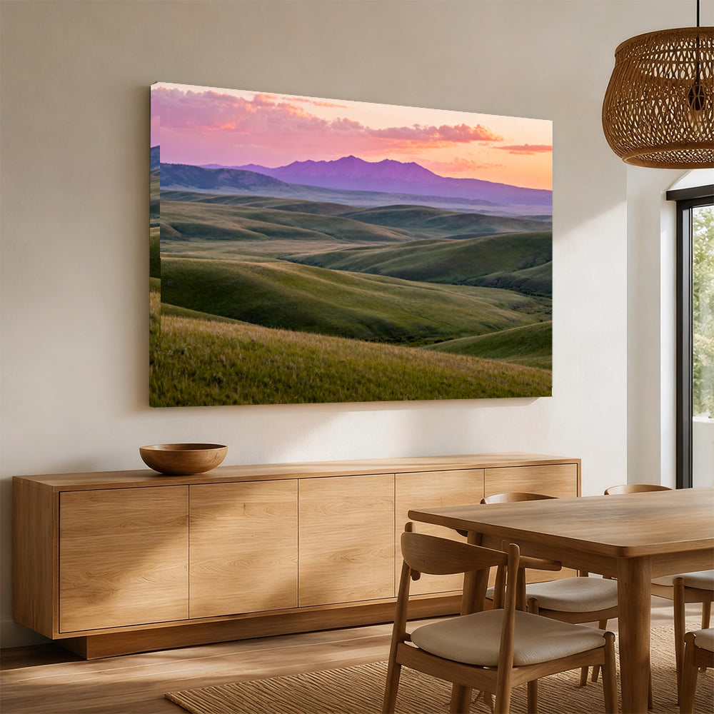 Lavender Dusk across Rolling Hills canvas wall art, dining room mockup.