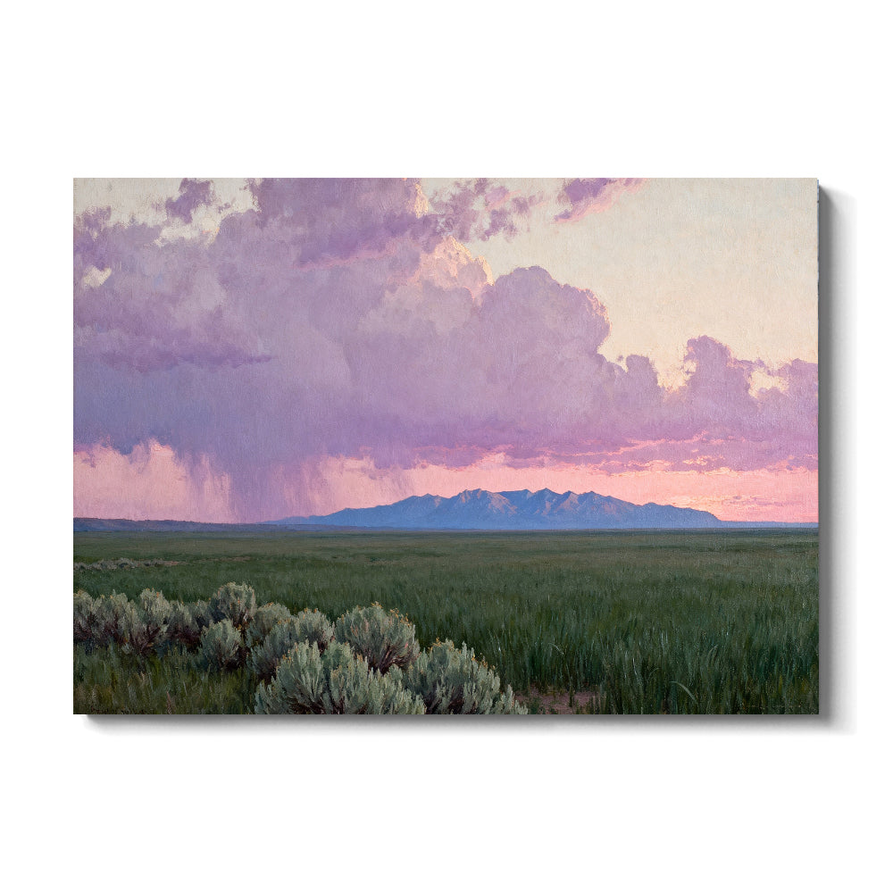 Purple Clouds over Sagebrush canvas wall art, front view on a white background.