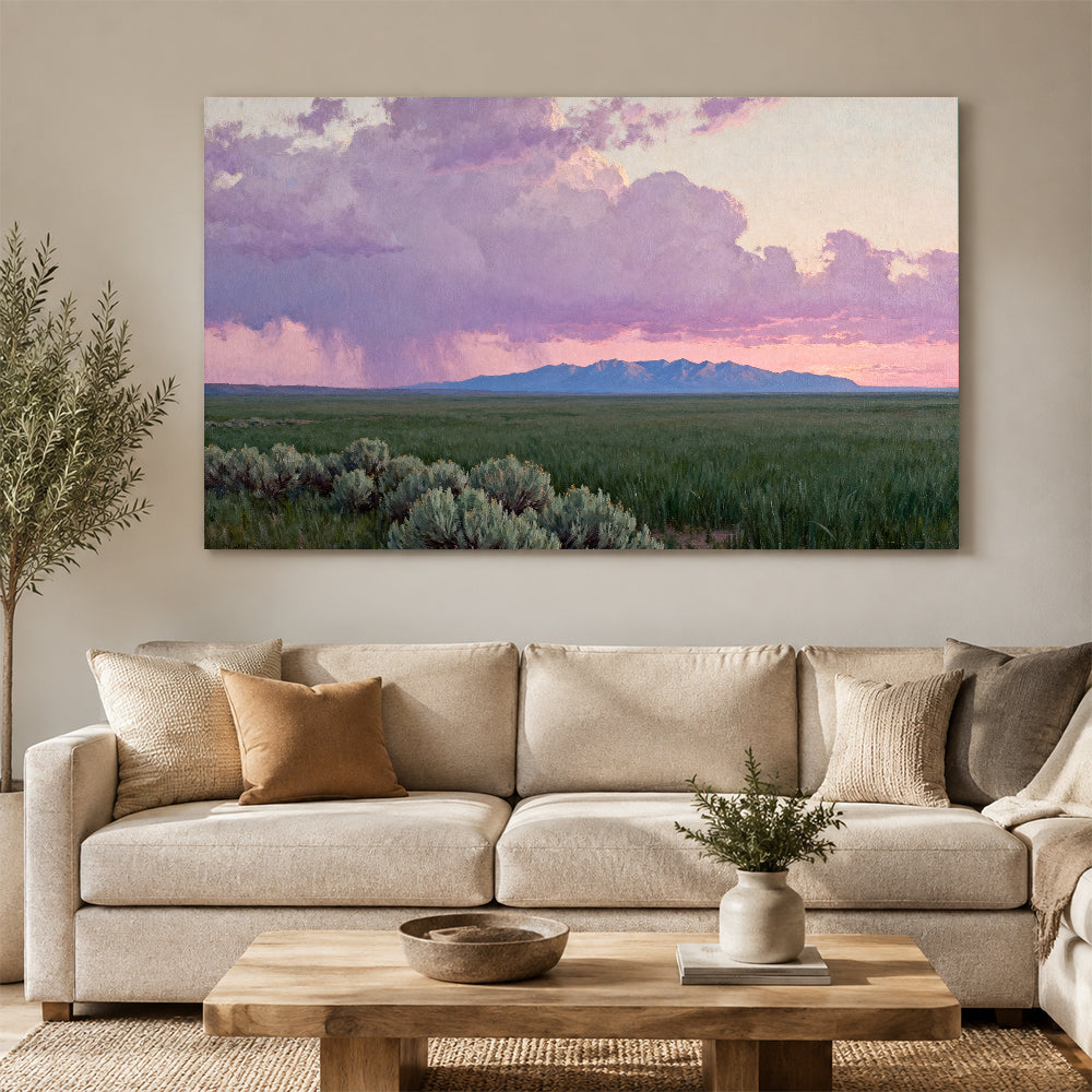 Purple Clouds over Sagebrush canvas wall art, living room mockup.