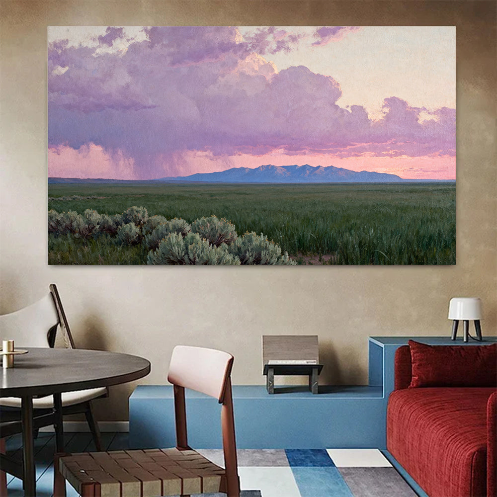 Purple Clouds over Sagebrush canvas wall art, living dining room mockup.