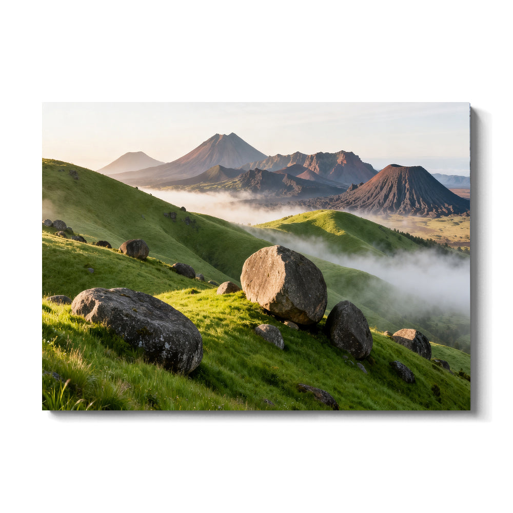 Boulder Meadow in Morning Mist canvas wall art, front view on a white background.