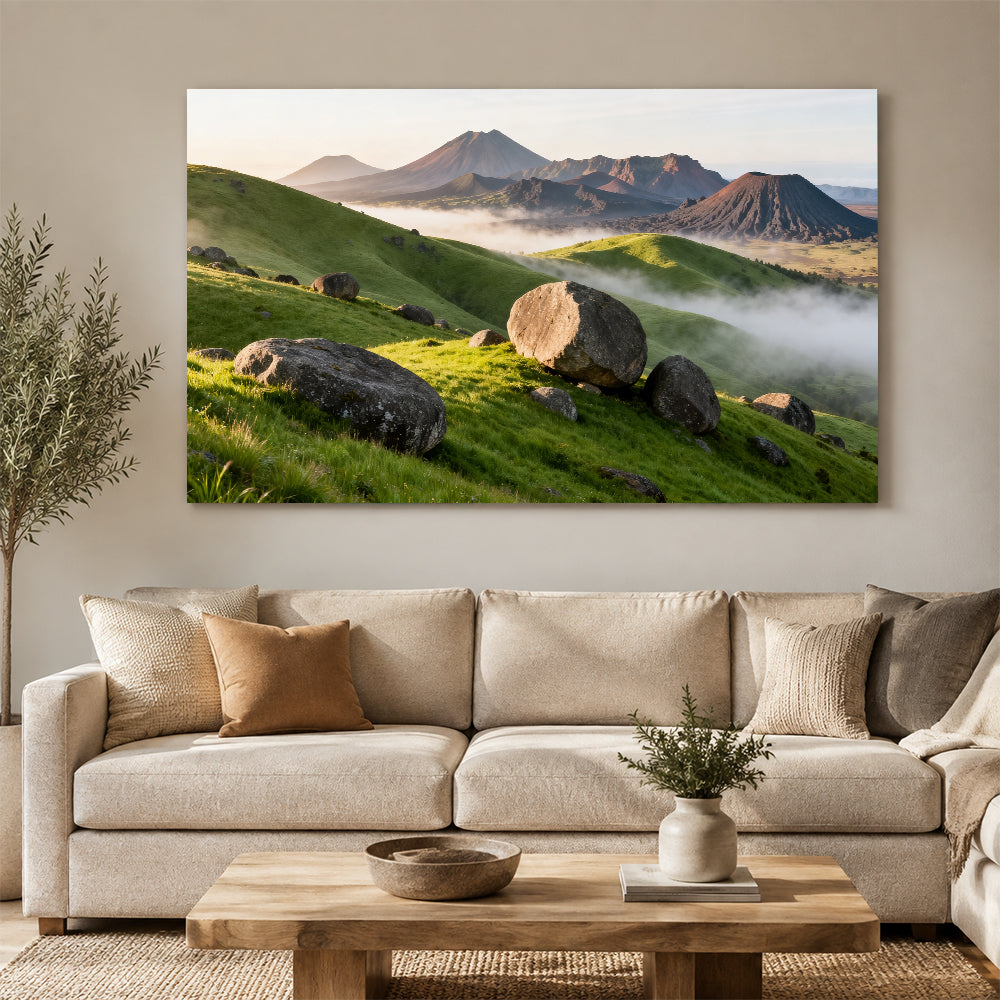 Boulder Meadow in Morning Mist canvas wall art, living room mockup.