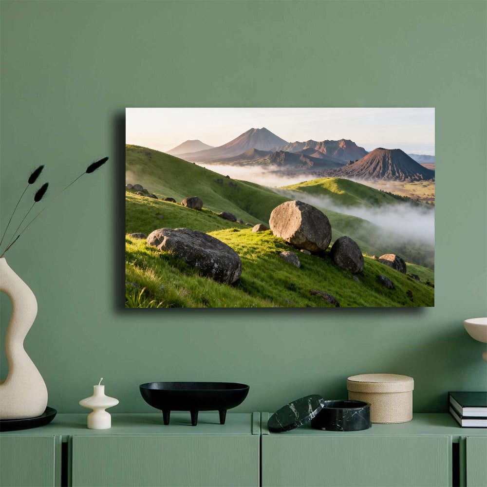 Boulder Meadow in Morning Mist canvas wall art, green wall mockup.
