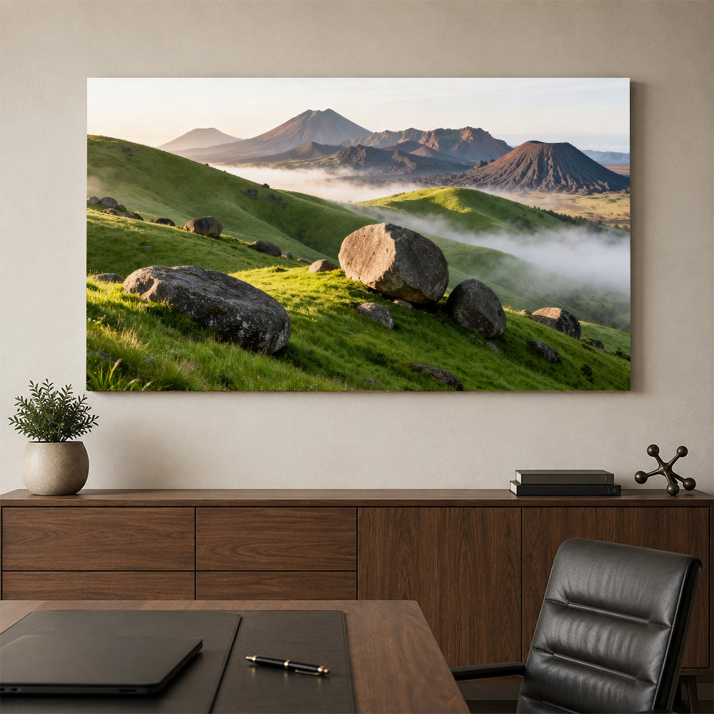 Boulder Meadow in Morning Mist canvas wall art, office mockup.