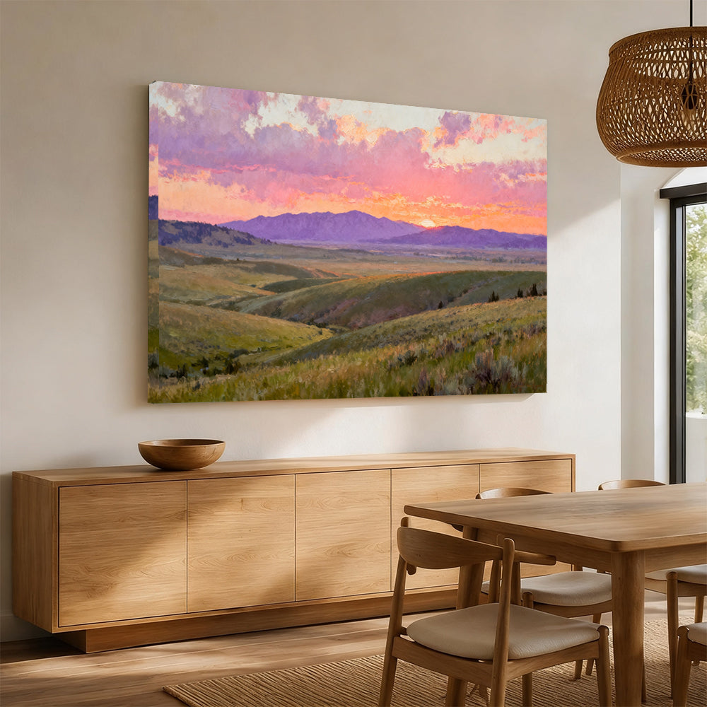 Rose Sunset across Meadow Hills canvas wall art, dining room mockup.