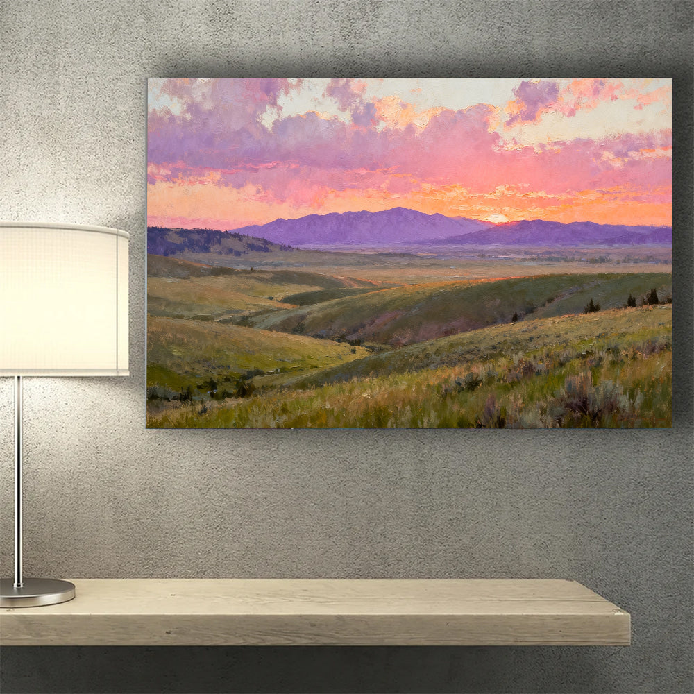 Rose Sunset across Meadow Hills canvas wall art, desk mockup.