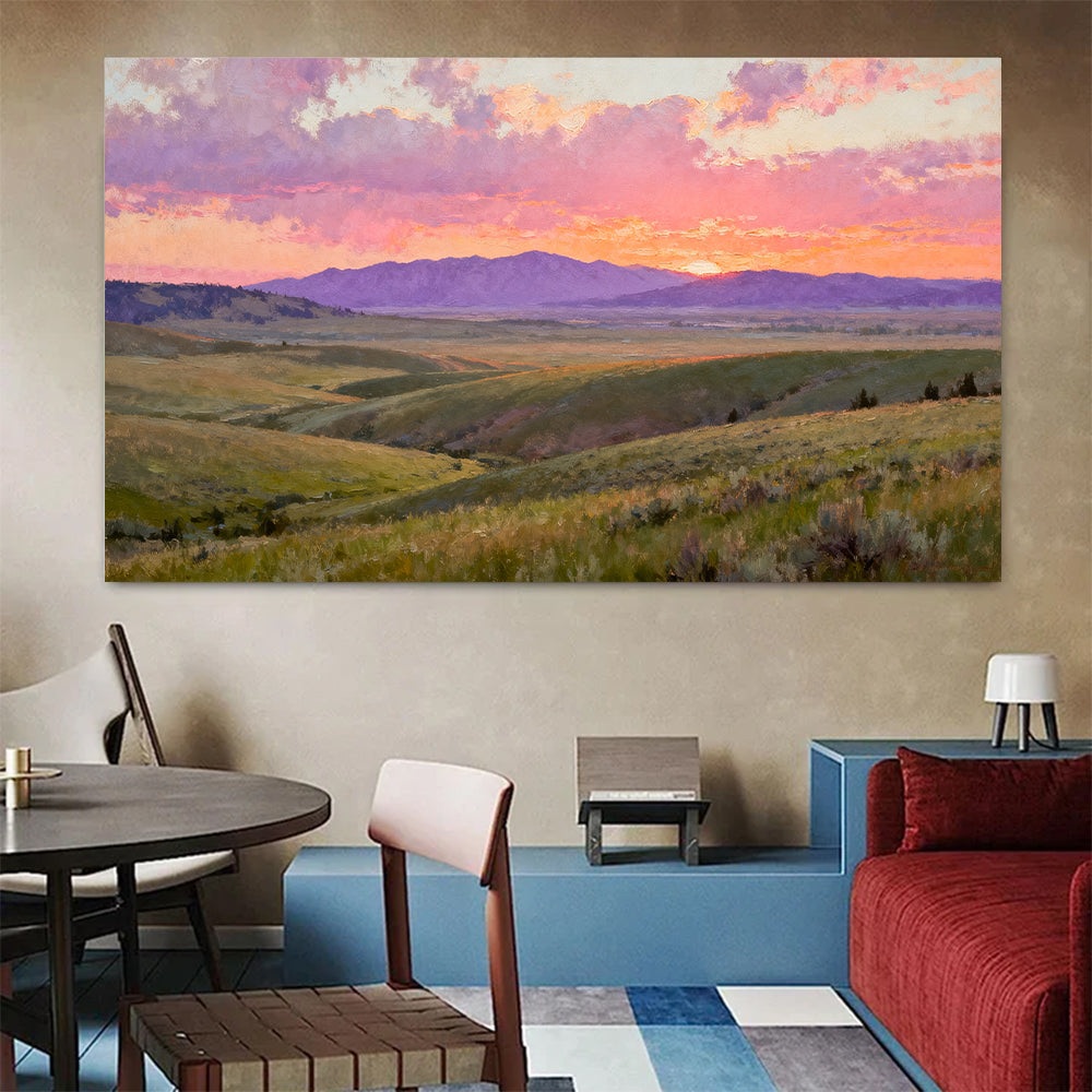 Rose Sunset across Meadow Hills canvas wall art, living dining room mockup.