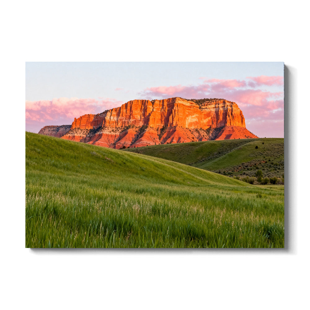 Sunlit Red Mesa and Green Grass canvas wall art, front view on a white background.