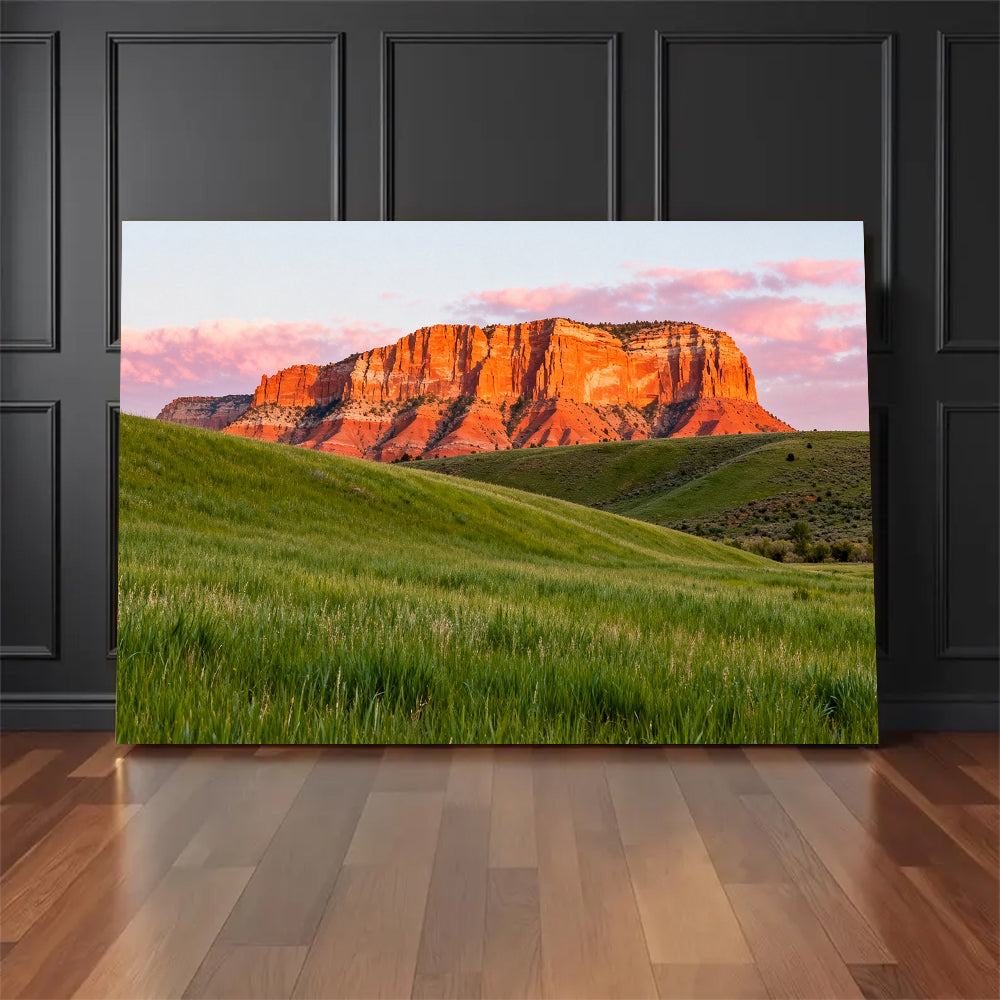 Sunlit Red Mesa and Green Grass canvas wall art, floor display mockup.