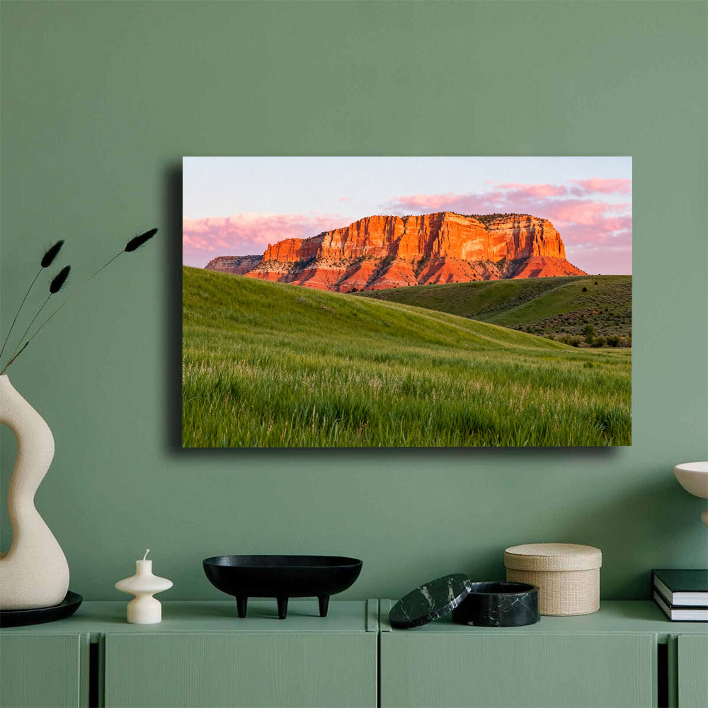Sunlit Red Mesa and Green Grass canvas wall art, green wall mockup.