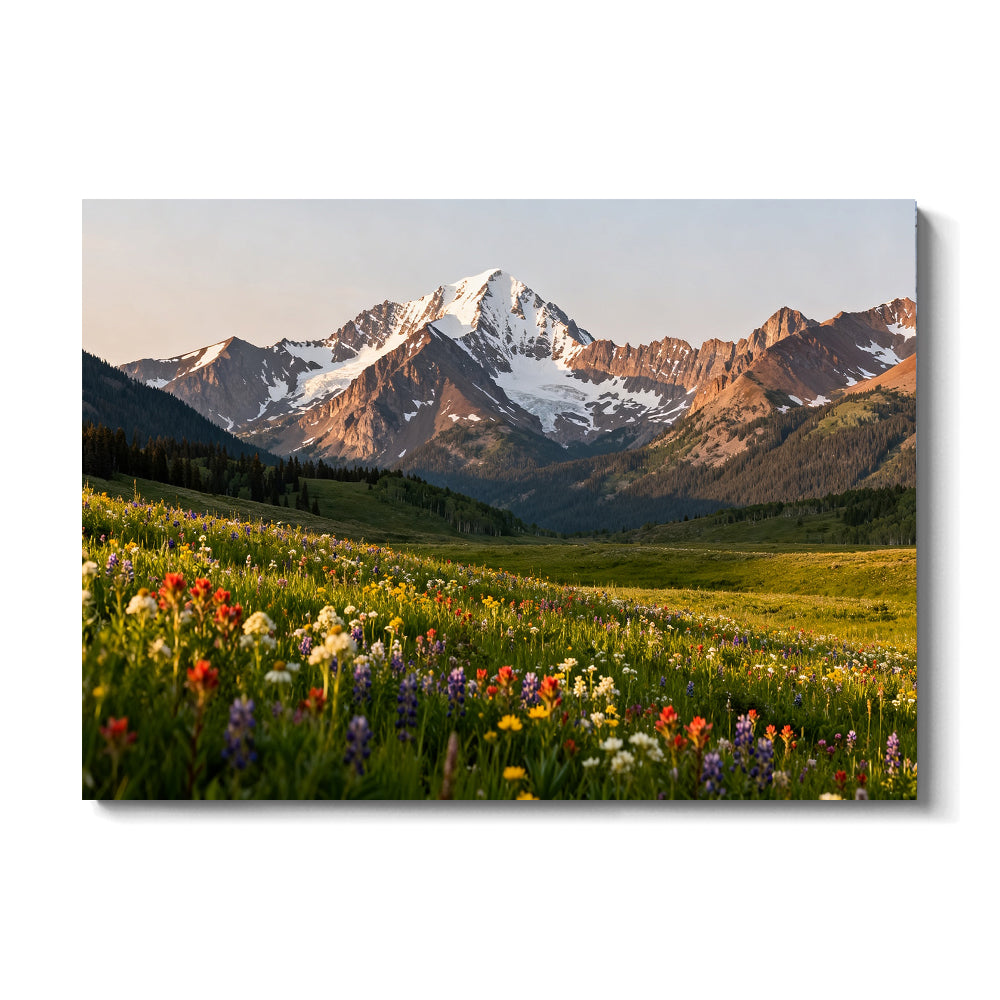 Wildflower Meadow below Peaks canvas wall art, front view on a white background.