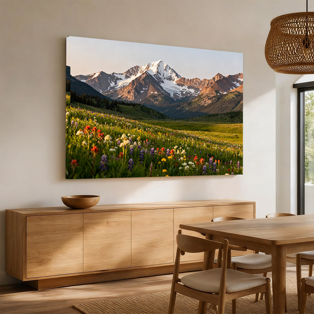 Wildflower Meadow below Peaks canvas wall art, dining room mockup.